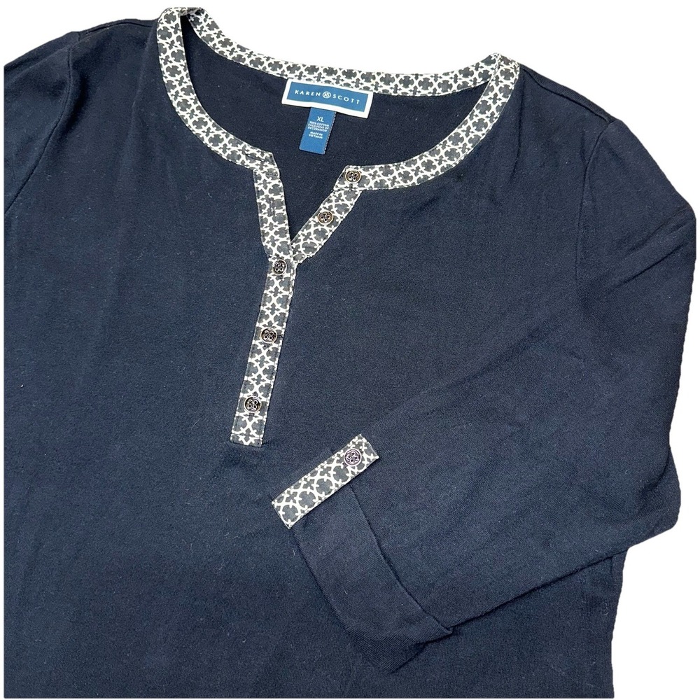 Karen Scott Black 3/4 Sleeve White Trim V-Neck Button Up Henley Shirt Women's XL